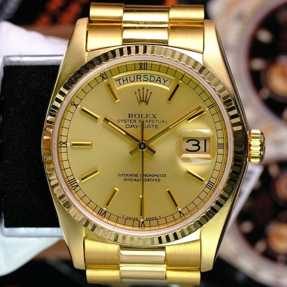 Rolex Watch Day-Date 18038 18K Yellow Gold Champagne Index Dial ALL FACTORY - Picture 7 of 9